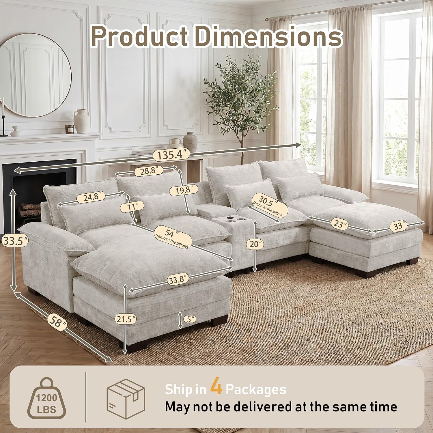 Cream U-Shaped Chenille Cloud Sectional