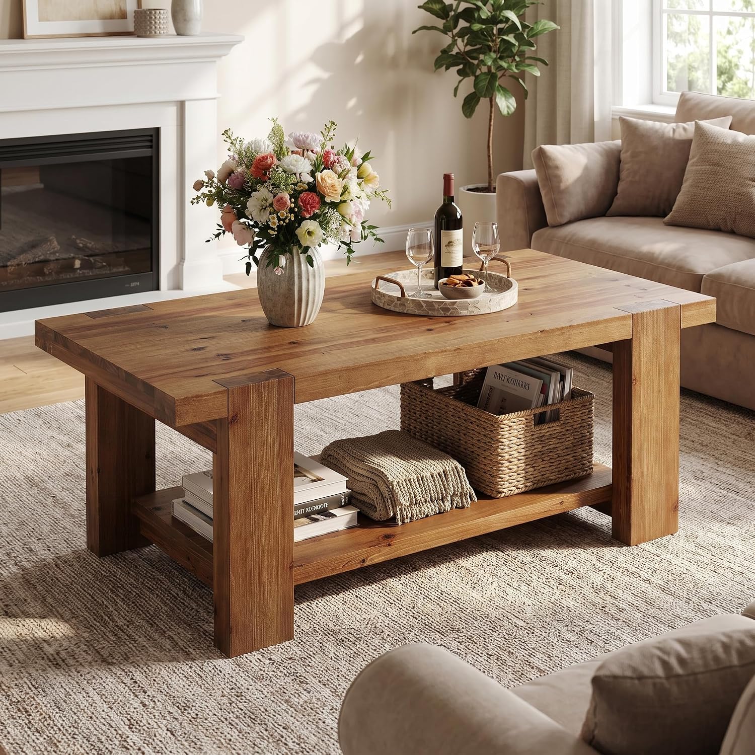 Rustic 2-Tier Wood Storage Coffee Table