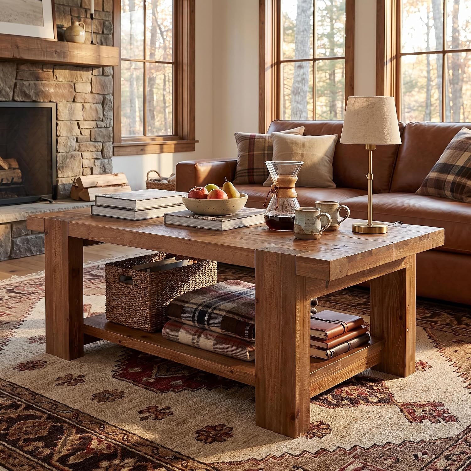Rustic 2-Tier Wood Storage Coffee Table